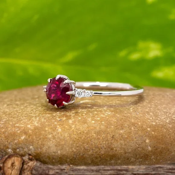 Round Rubellite Tourmaline Ring in Solid 14K White Gold with Diamond Accents